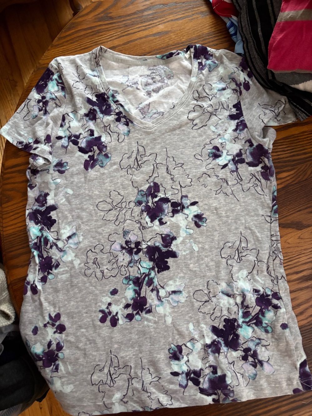 croft & barrow Gray V-Neck Tee with Purple and Aqua Floral Print